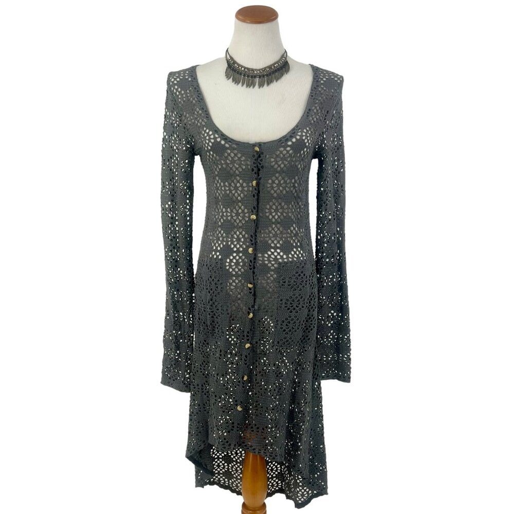 Vintage Free People Beach Gray Crochet Button Front Maxi Cardigan - Picture 2 of 16